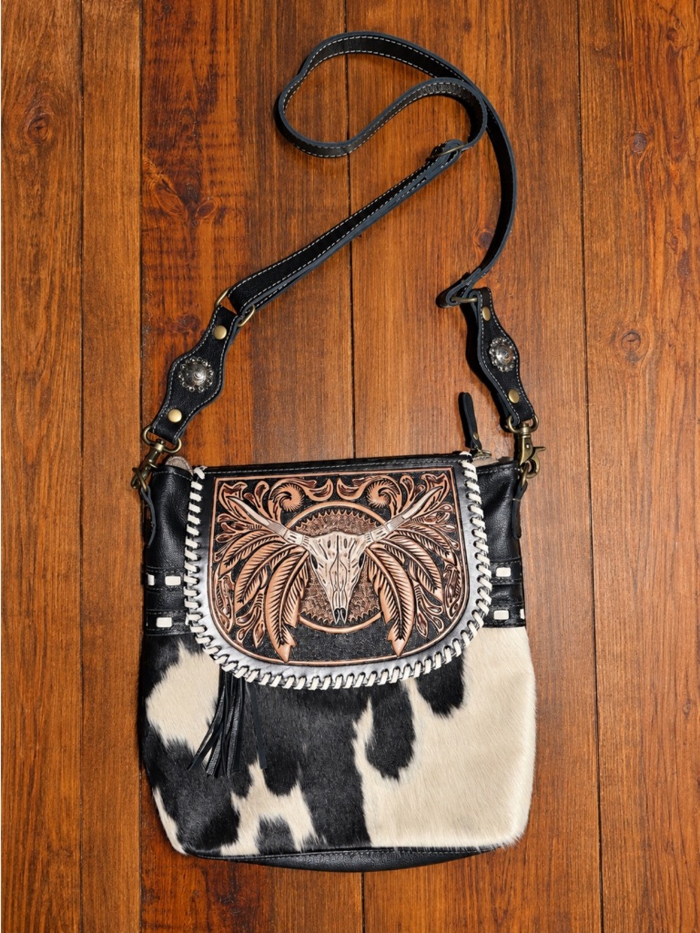 Myra Bag Black and White Cowhide Crossbody with Tooled Leather Flap